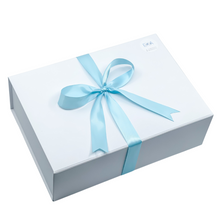 Load image into Gallery viewer, white gift box with blue satin ribbon
