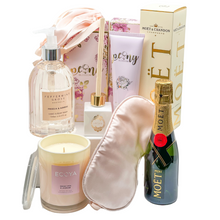 Load image into Gallery viewer, Luxe gift hamper ecoya candle mini reed diffuser hand cream, sleep mask, moet &amp; chandon piccolo, gift hamper
