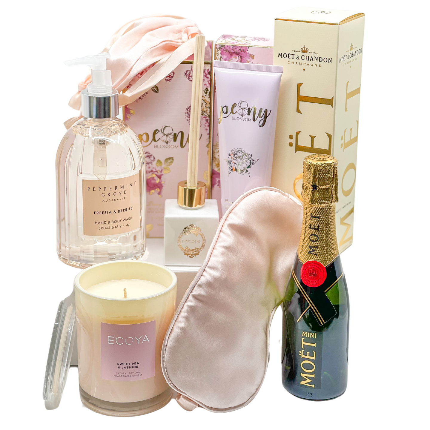 Luxe gift hamper ecoya candle mini reed diffuser hand cream, sleep mask, moet & chandon piccolo, gift hamper