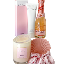 Load image into Gallery viewer, Luxurious Ecoya scented candle in Sweet Pea and Jasmine Ecoya scented hand cream in Sweet Pea and Jasmine Henkells Piccolo Rose Luxe pink hand made scrunchie Hand crafted shell trinket tray
