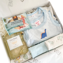 Load image into Gallery viewer, Sprout organic 2 piece set in pale blue. Size 000 perfect for newborns 0-3 months  Bubba Blue newborn 4 piece set. Includes bib, beanie, pair of booties and pair of mittens Baby face washers x 3 Circa Home Mango &amp; papaya hand wash 450ml Byron Bay white choc &amp; macadamia cookie 60g. Allergen warning: contains macadamia nuts
