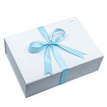 Load image into Gallery viewer, White keepsake gift box with magnetic lid and blue satin ribbon
