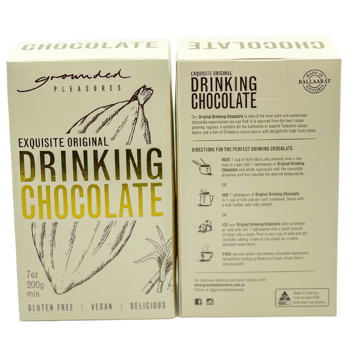 A sumptuous drinking chocolate in original flavour 200 gram box.   Gluten free Vegan Delicious Made in Australia by Grounded Pleasures Allergen warning: May contain milk or milk products