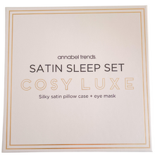 Load image into Gallery viewer, A luxurious cosy satin sleep set in pink. Super soft to reduce friction, hair breakage, fine lines and wrinkles.   Satin eye mask Matching satin pillowcase x 1 (fits standard pillow) 48cm x 74cm Eye mask - one size fits most  100% polyester satin Presented in a sturdy reusable pink gift box 
