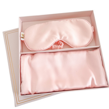 Load image into Gallery viewer, A luxurious cosy satin sleep set in pink. Super soft to reduce friction, hair breakage, fine lines and wrinkles.   Satin eye mask Matching satin pillowcase x 1 (fits standard pillow) 48cm x 74cm Eye mask - one size fits most  100% polyester satin Presented in a sturdy reusable pink gift box 
