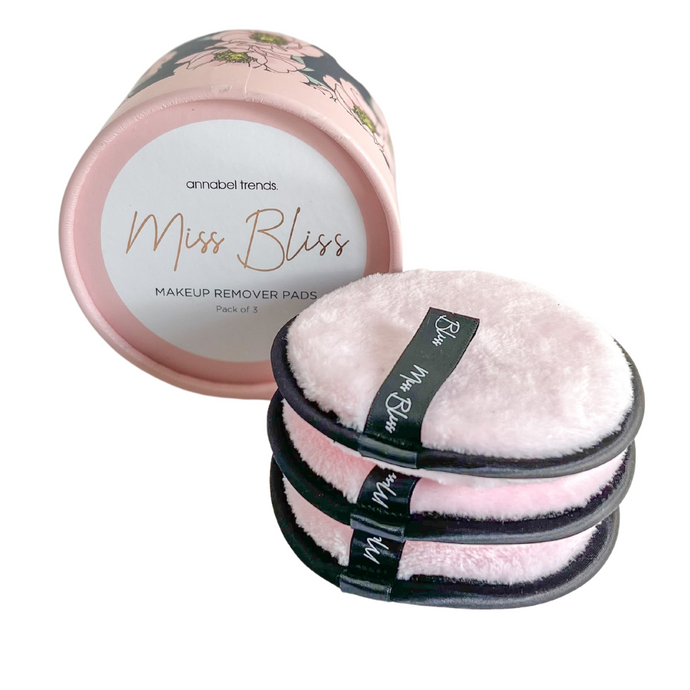 Remove makeup quickly and easily with Miss Bliss makeup remover pads. Eco-friendly, non-toxic and gentle for sensitive skin.   Simply add water to wet the pad and wipe face. Reusable and place in the washing machine after use.   Made from 100% polyester with a sponge inner filling.