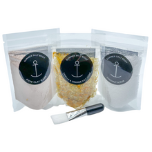 Load image into Gallery viewer, A gorgeous self care bundle from Summer Salt Body. Presented in an Anchor calico bag and includes:  1 x Salt scrub 70g 1 x Salt soak 70g 1 x Clay mask Includes mini application brush Bag measures approx 21cm height and 20cm
