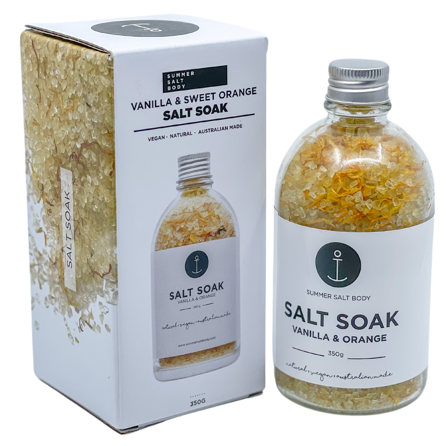 Relax and unwind while detoxifying and rejuvenating your skin. Vanilla & Orange essential oils will evoke the senses and relax the muscles  Natural Vegan Australian made salt soak Contains luxurious blend of salts, flowers, oils and vitamins.  How to use: As you fill the bath, add a few spoonfuls of the Vanilla & Orange salt soak. Relax in the bath for 20-30 minutes, wash and rinse after soaking. 
