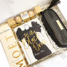 Load image into Gallery viewer, Moet &amp; Chandon piccolo 200mL with gift box  The Little Black Dress book by Megan Hess. A fantastic little book to celebrate the designers, women and dresses MOR Black case is the perfect travel accessory, ideal for your handbag. Keep all beauty essentials on the go. Features luxury splash proof fabric and tasselled zip enclosure. Measures 19.5cm length, 5cm width and 7.5cm height Ferrero Rocher chocolate gift box (5 pack) 
